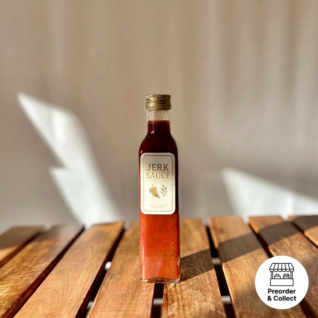 Jerk Sauce bottle on a sunlit wooden table