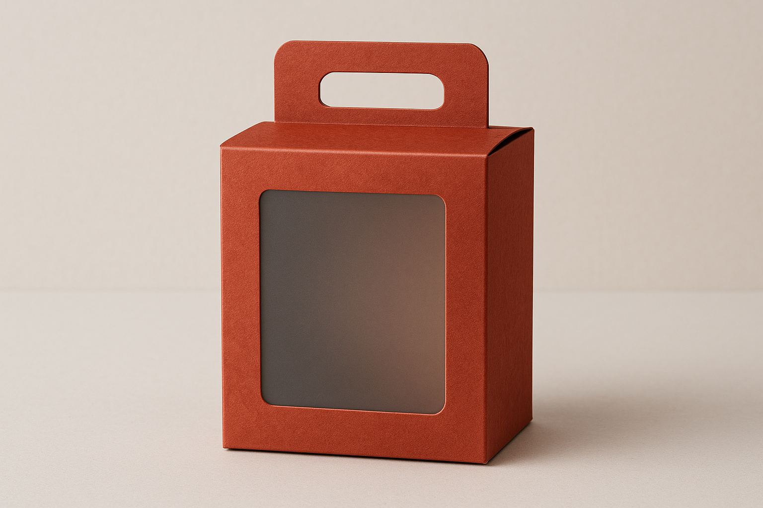 red kraft box with frosted / grey tinted window 